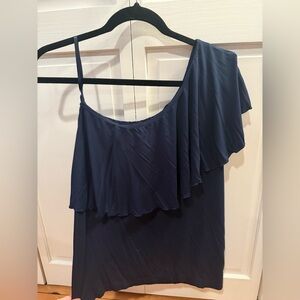Navy Ruffled One-Shoulder Top